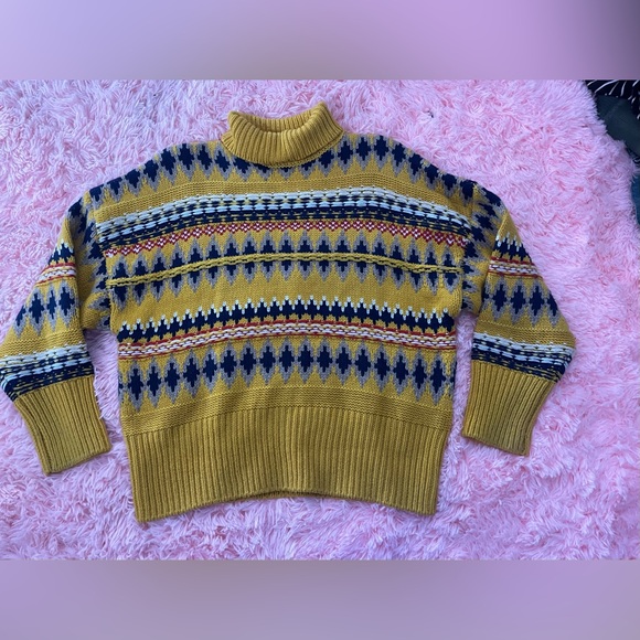 Rag & Bone Wool Turtleneck Sweater XS Yellow Fair Isle Knit Chunky Pullover - Picture 3 of 8